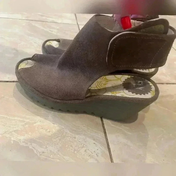 Fly London Yone Brown Suede Peep Toe Wedges - Picture 5 of 5